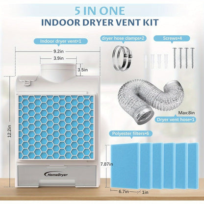 Indoor Dryer Vent Kit 3-in-1 Lint Trap Filter Box Stainless Steel Screen 6 Polyester Filters Reusable Washable Reduces Moisture Prevents