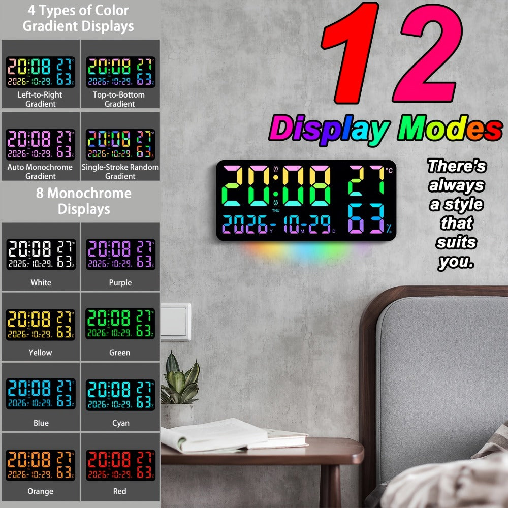 14.6-Inch RGB Digital Wall Clock with Remote, Dual Alarm, Five Brightness Levels and 12 Display Modes