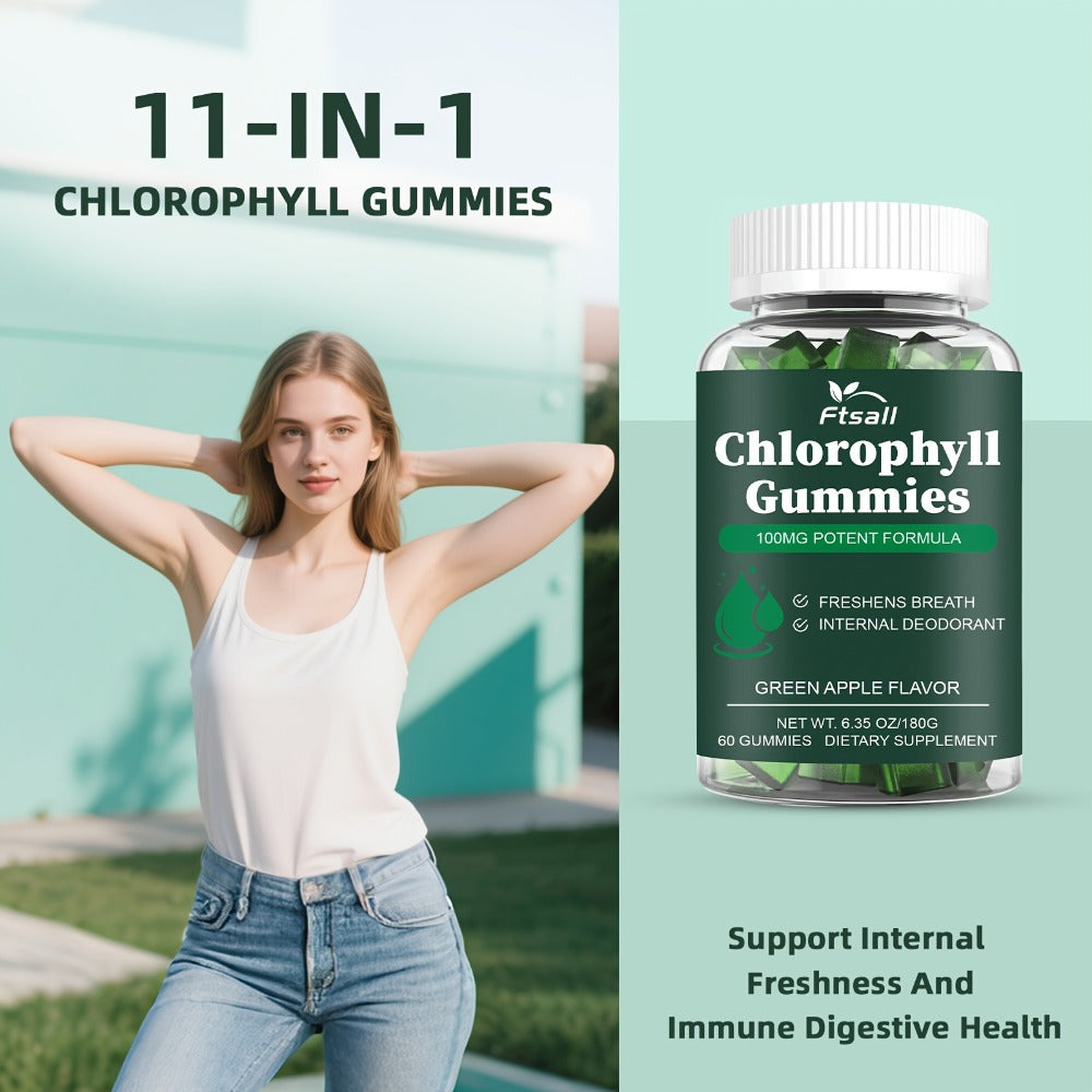 Chlorophyll Gummies 60 Count with Vitamin C D3 E B12 Zinc Irish Sea Moss Elderberry Echinacea & Apple Cider Vinegar