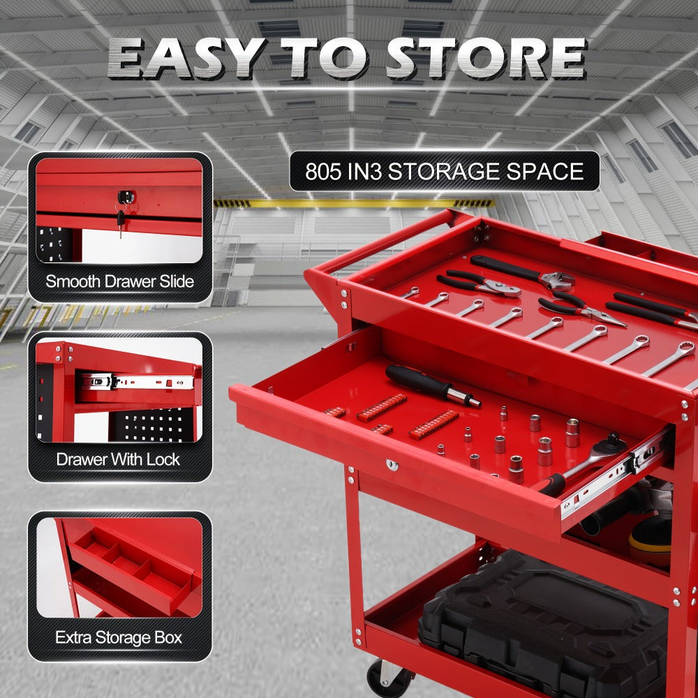 Rolling Tool Cart 3-Tier Pegboard Organizer Locking Drawer 4 Swivel Casters for Garage Workshop Mechanics Black Yellow