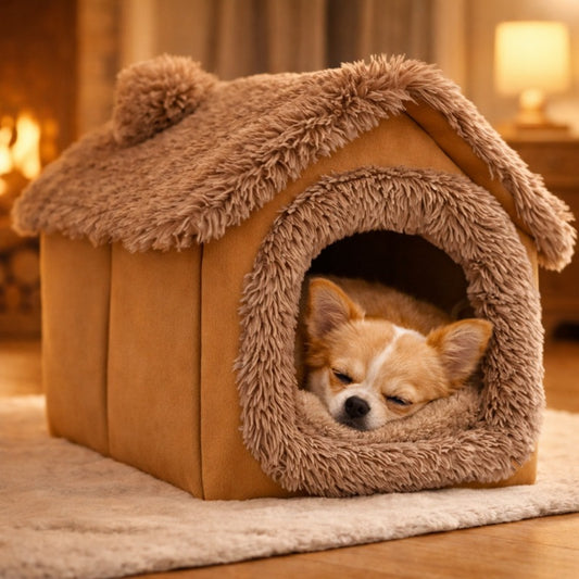 Indoor Dog House Warm Plush Semi-Enclosed – Cozy Cave Bed with Removable Pad & High-Resilience PP Filling | Non-Collapse Dog Kennel