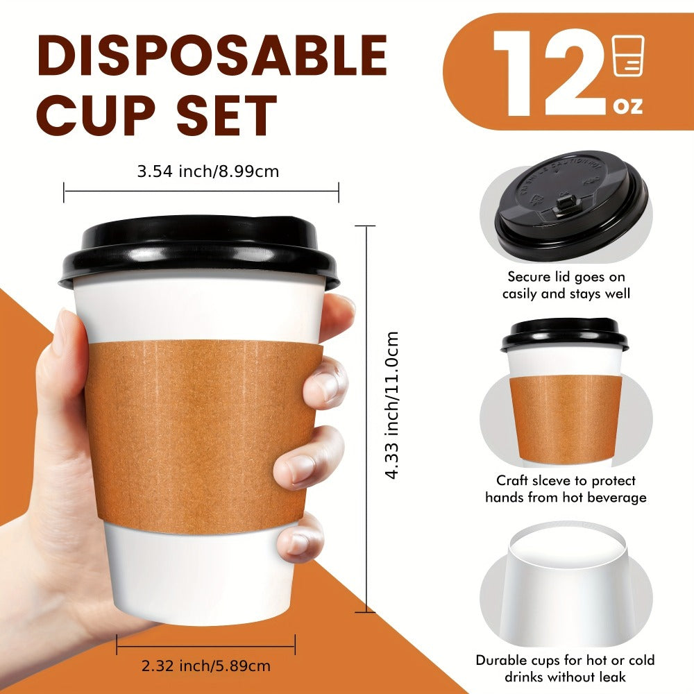 Disposable Paper Coffee Cups with Lids and Sleeves 12oz, Leak-Proof To-Go Hot Coffee Cups with Insulated Sleeve for Home