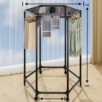 Rotating Hexagonal Garment Rack with Six-Sided Hanging Frame, Casters and Black or White Mesh-Bag Options