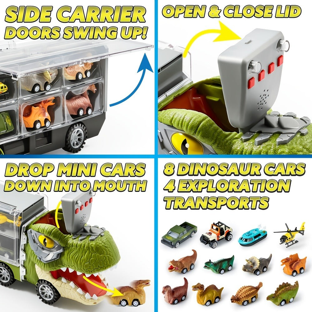 Dinosaur Truck Toy Set 13 PCS, Transport Carrier Truck with Lights & Sounds + 8 Pull-Back Cars + 3 Die-Cast Dino Vehicles + Helicopter