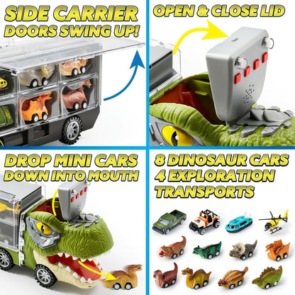 Dinosaur Truck Toy Set 13 PCS, Transport Carrier Truck with Lights & Sounds + 8 Pull-Back Cars + 3 Die-Cast Dino Vehicles + Helicopter
