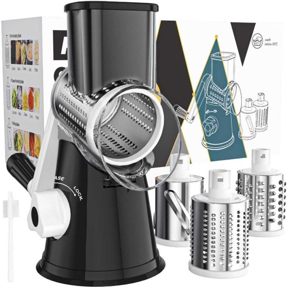 Rotary Cheese Grater with Hand Crank, 3 Interchangeable Blades for Cheese, Vegetables & Nuts, Suction Base