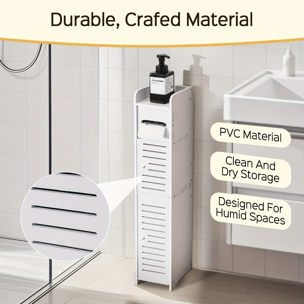 Slim Bathroom Storage Cabinet, PVC Toilet Paper Holder & Organizer for Small Spaces, Easy Assembly