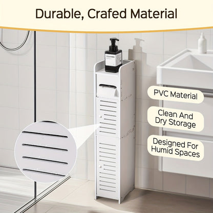 Slim Bathroom Storage Cabinet, PVC Toilet Paper Holder & Organizer for Small Spaces, Easy Assembly