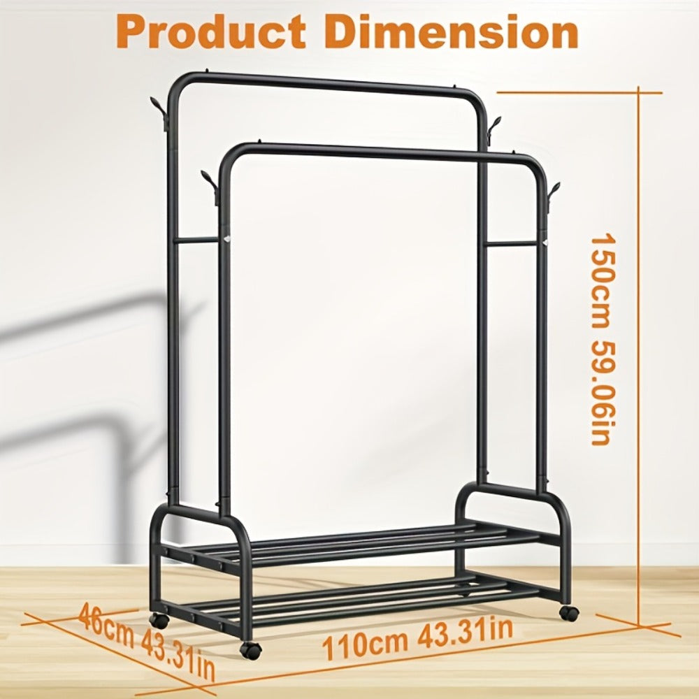 Double Rod Clothes Rack with Wheels Metal Garment Rack with Shelves and Hooks Portable Closet Organizer for Bedroom Living Room Gold