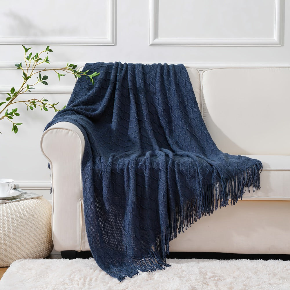 50 x 60-Inch Throw Blanket with Raised Geometric Texture, Tassel Fringe and Six Solid Color Options
