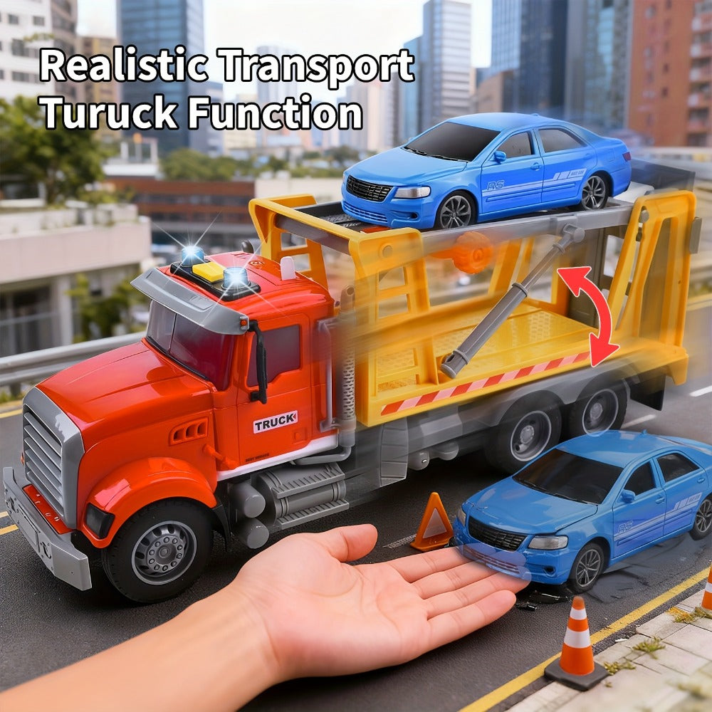 13-Inch Tow Truck Toy with Lights & Sounds, Friction Powered Transport Crane Truck for Boys Ages 3 4 5 6