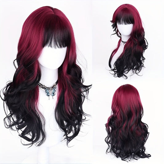 Long Curly Wig Black Red Highlights 28 Inch Wavy Synthetic Rose Net Cap Glamorous Voluminous Hair for Women Cosplay Party Halloween Daily