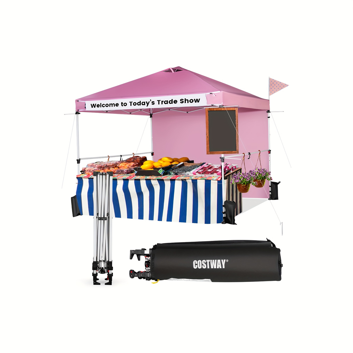 Pink 10x10ft Commercial Pop-Up Canopy Tent with Sidewall, Hanging Bars, Crossbars and Banner Strip