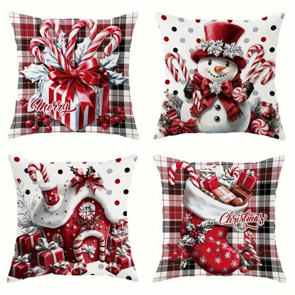 Four-Piece Christmas Pillow Cover Set, 18 x 18 Inches with Snowman, Candy Cane, Sleigh and Plaid Prints