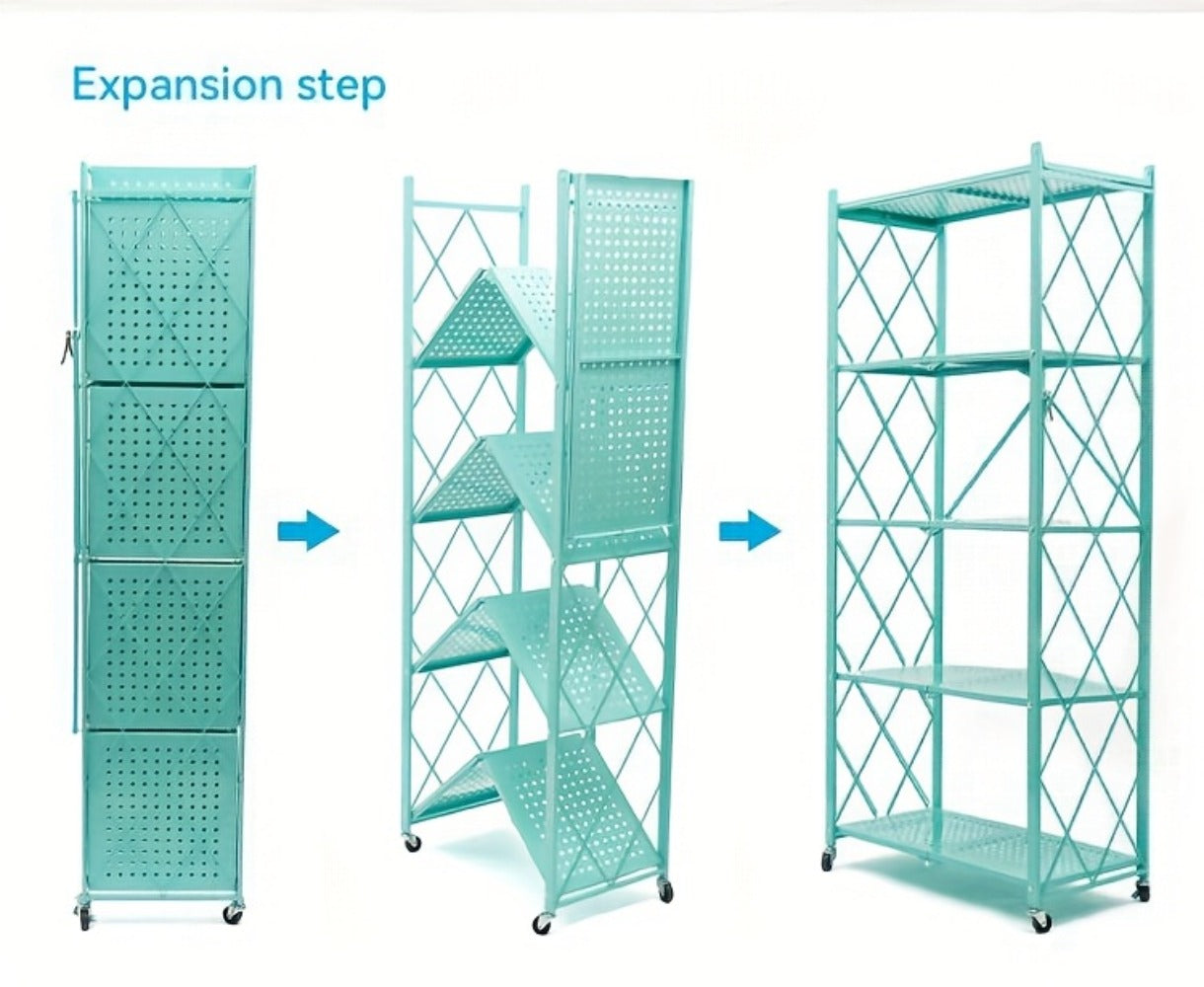 Three-to-Five-Tier Foldable Storage Rack with Carbon Steel Frame, Lockable Wheels and Three Colors