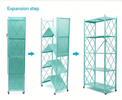 Three-to-Five-Tier Foldable Storage Rack with Carbon Steel Frame, Lockable Wheels and Three Colors
