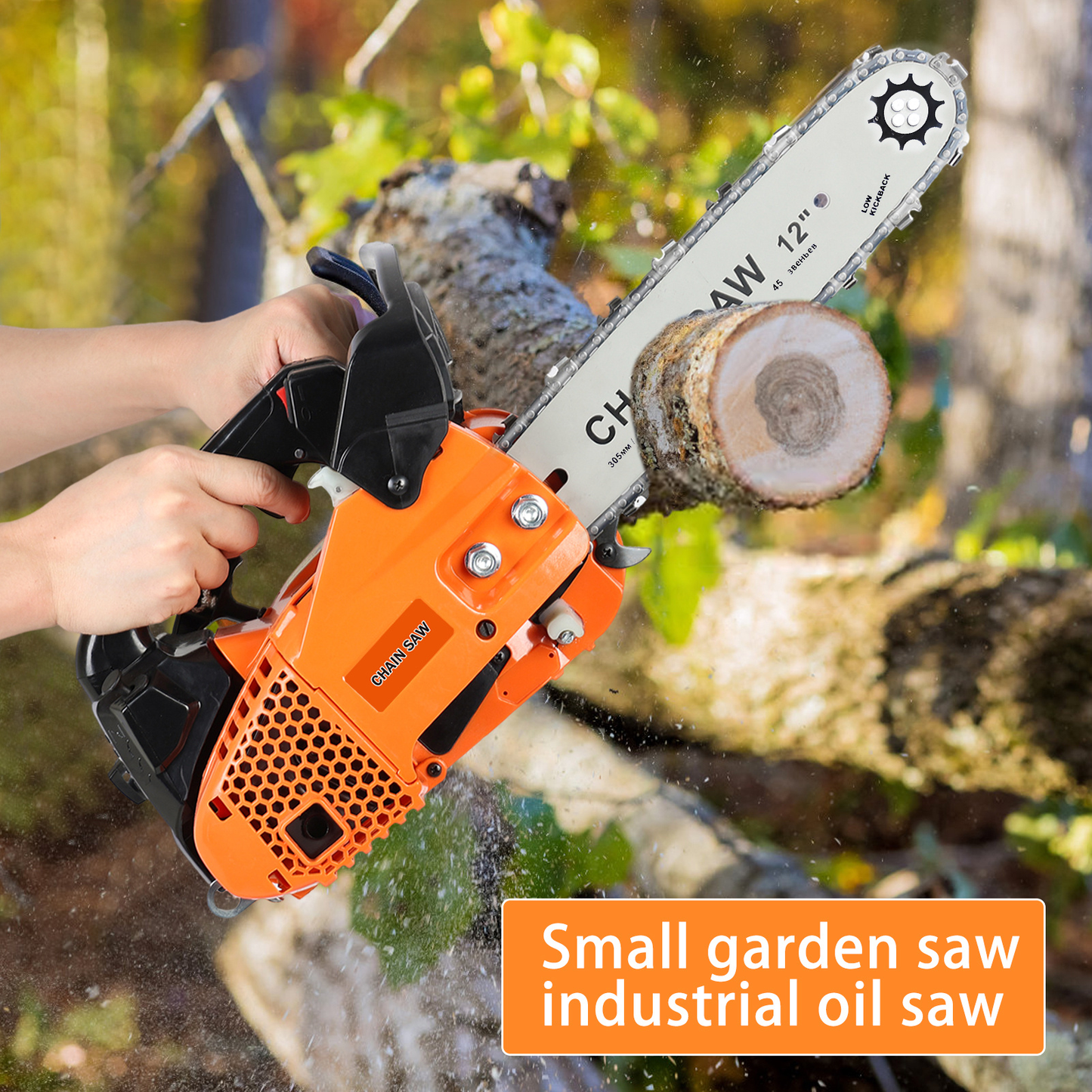 Compact 25.4CC Gas Chainsaw with 12-Inch Guide Bar and Orange Two-Stroke Engine Housing Design