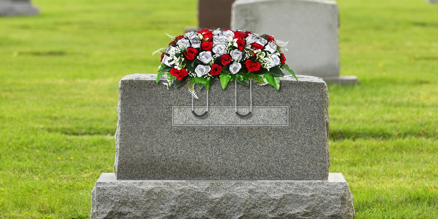 Artificial Cemetery Flowers for Grave with Saddle, Silk Rose Bouquet Headstone Decoration, Memorial Day Grave Flowers