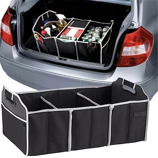 Car Trunk Organizer, Foldable 3-Compartment Black Storage Bin with Carry Handles and 1- or 2-Piece Options