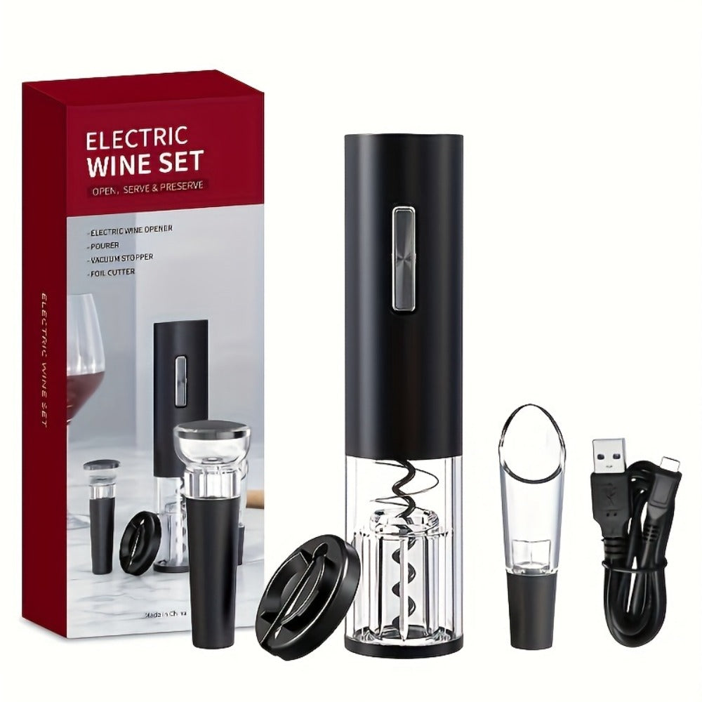 Electric Wine Opener Set 4-in-1 Rechargeable - USB-C Corkscrew with Blue LED, Vacuum Stopper