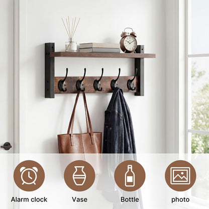 Vintage Wall-Mounted Shelf and Key Rack with Five Hooks, 17.1-Inch Width and Brown Board Finish