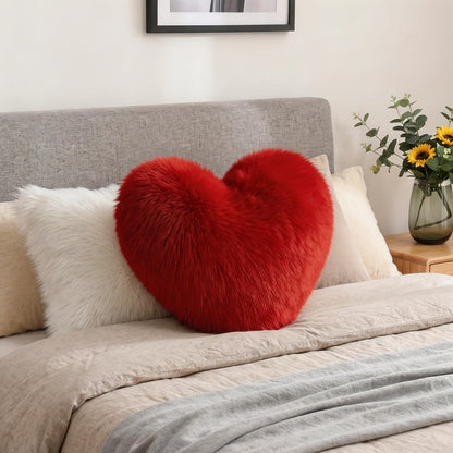 Heart Shaped Plush Pillow Cover Faux Wool Fluffy Cushion Cover for Sofa Bed Chair Car – Valentine's Day Decor Throw Pillowcase 17" Soft