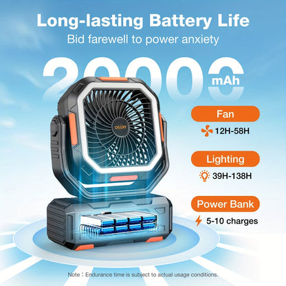 20000mAh Portable Camping Fan with LED Lantern – Rechargeable, 4-Speed, Oscillating, Remote & Timer Control | Tent, Travel, RV