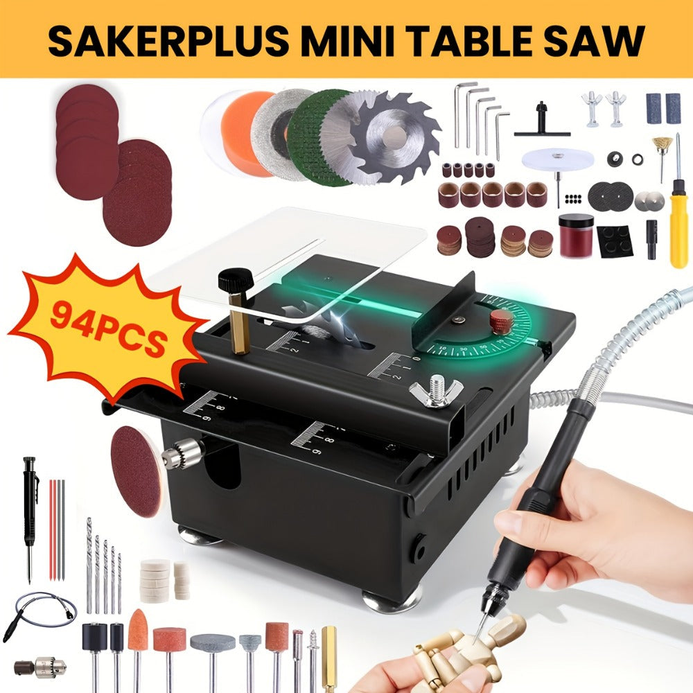 100W Electric Mini Table Saw with Woodworking Pen Set, 7-Speed & Angle Adjustable, 16mm Max Cutting Depth
