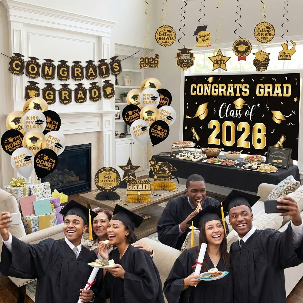 Class of 2026 Graduation Decoration Set with Letter Banner, Hanging Pieces and Six Color Options