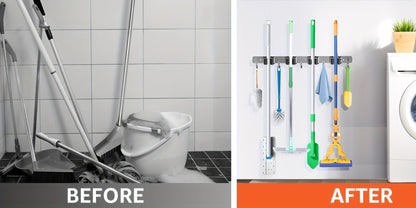 Wall Mounted Broom & Mop Holder – 304 Stainless Steel Broom Organizer with 4 Racks & 5 Hooks – Rustproof Non-Slip Wall Broom Hanger