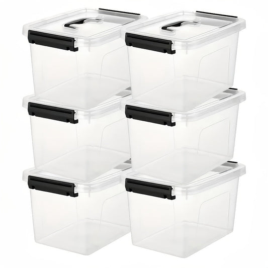 Six-Piece 6-Quart Clear Storage Box Set with Black Latches, Carry Handles and Stackable Lids