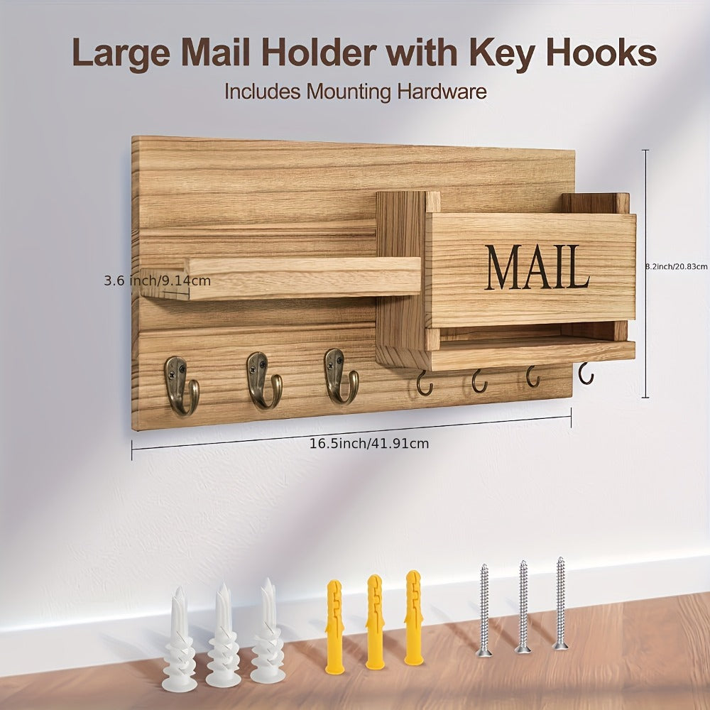 Wall Mounted Storage Rack with Mail Slot – Rustic Wood Floating Shelf with Hooks for Keys, Hats & Envelopes