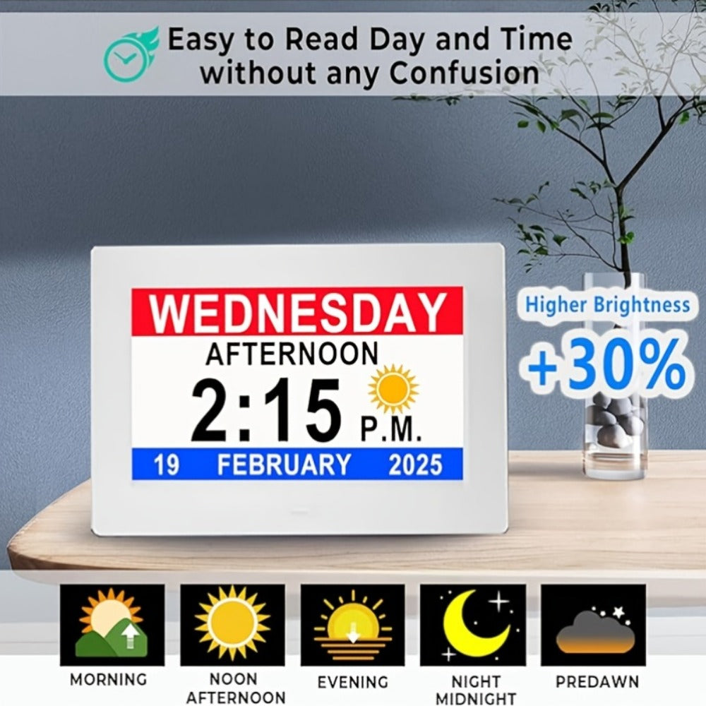 Digital Photo Frame Clock Large Display Calendar Alarm Clock for Seniors USB Powered Supports for Entryways, Bedrooms and Living Spaces