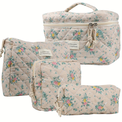 Makeup Bag Four-Piece Quilted Cotton Floral Pouch Set in Five Styles for Travel, Vanity and Everyday Beauty Storage