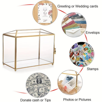 Wedding Card Box with Lock Glass Gold Transparent Slot Lid 10.2x5.9x8.3 In Holds 100 Cards for Wedding Baby Shower Birthday Party
