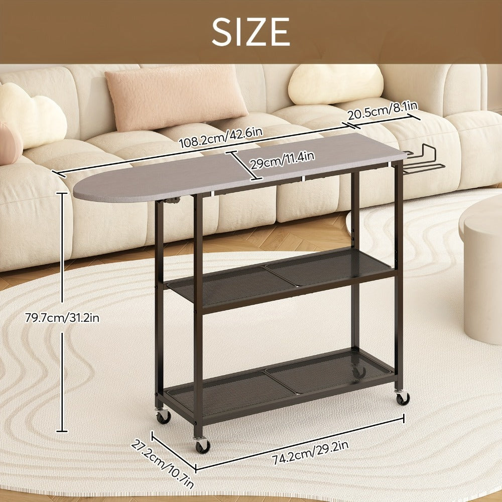 3-Tier Ironing Board Cart with Wheels, Rolling Laundry Station with Multi-Layer Storage Shelves for Living Room