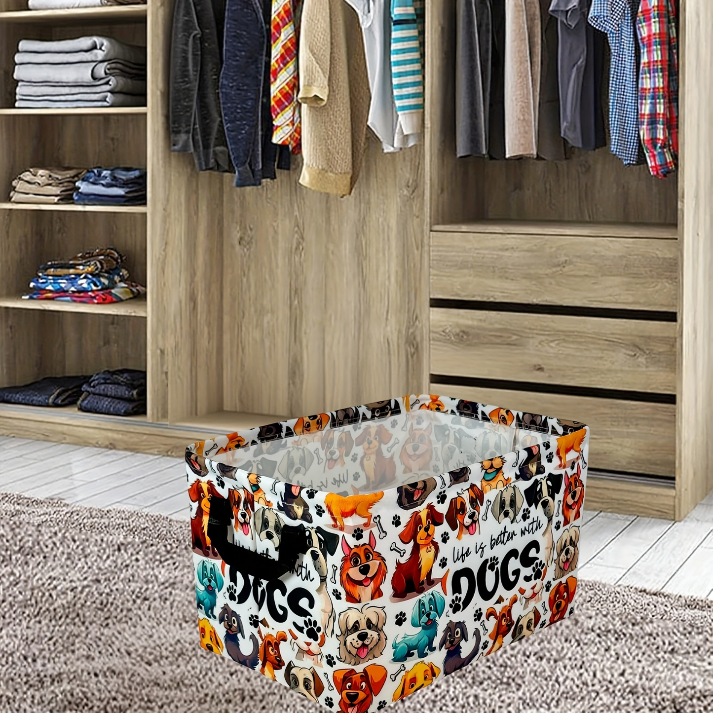 Soft Open-Top Printed Storage Bin with Side Handles and Cat, Dog, Pumpkin, Duck or Dachshund Designs