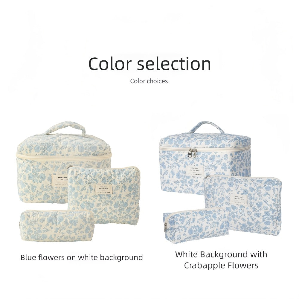Quilted Makeup Bag Set 3 Pcs Floral Pattern Large Capacity Travel Cosmetic Organizer with Gold Zipper – Polyester Skincare Toiletry Pouch