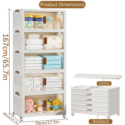 Stackable Foldable Storage Cabinet with Door, PP Plastic 1/2/3/4/5 Layer Organizer Box with Wheels & Cover