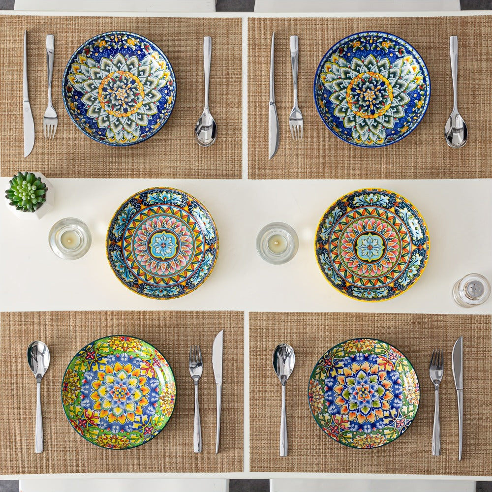 Bohemian Pasta Bowls Set of 6, 32 Oz Porcelain, Floral Pattern, Microwave &, VANCASSO for Entryways, Bedrooms and Living Spaces