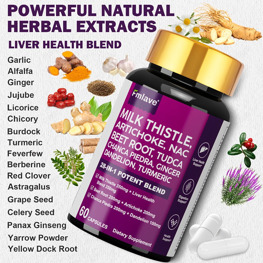 Liver Support Supplement 28-in-1 Ultimate Herbal Blend, Milk Thistle, Dandelion & Turmeric for Liver Cleanse