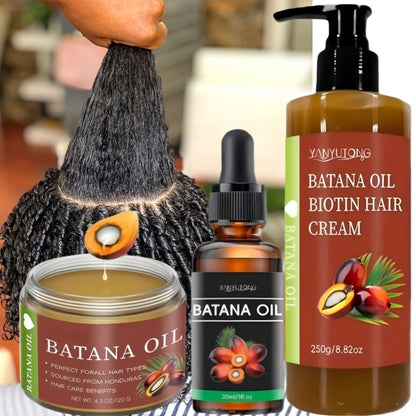 Three-Piece Batana Oil and Biotin Hair Care Set with Pump Cream, Dropper Bottle and Balm Formats
