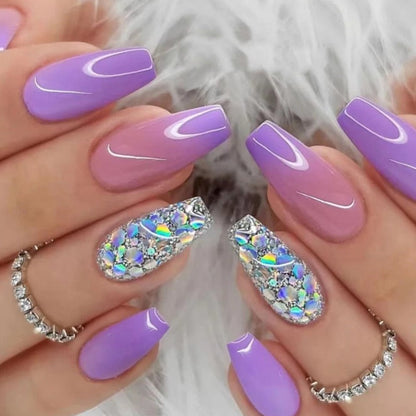 Press On Nails 120-Piece Medium Coffin Five-Pack Pinkish Purple Glitter Sequin Glossy Full-Cover Set