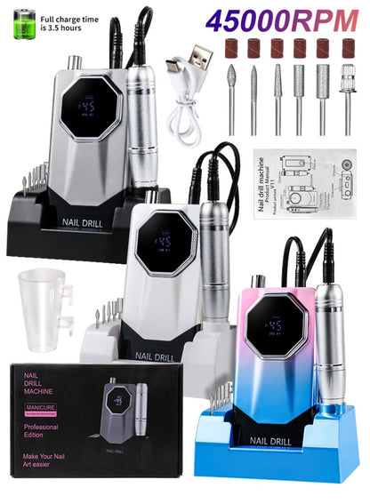 Electric Nail Drill 45000 RPM USB Rechargeable Kit with LCD, Forward Reverse and Three Finishes