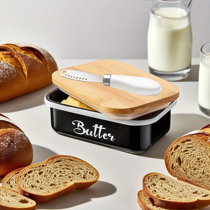 Black, Grey or Green Metal Butter Dish with Bamboo Lid, White-Handle Knife and 15.6 x 10.9 x 6 cm Size