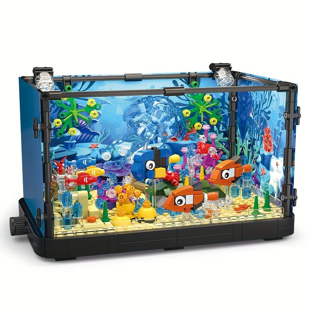 LED Aquarium Building Block Set, Fish Tank Marine Jellyfish Brick Model Kit with Glowing Light