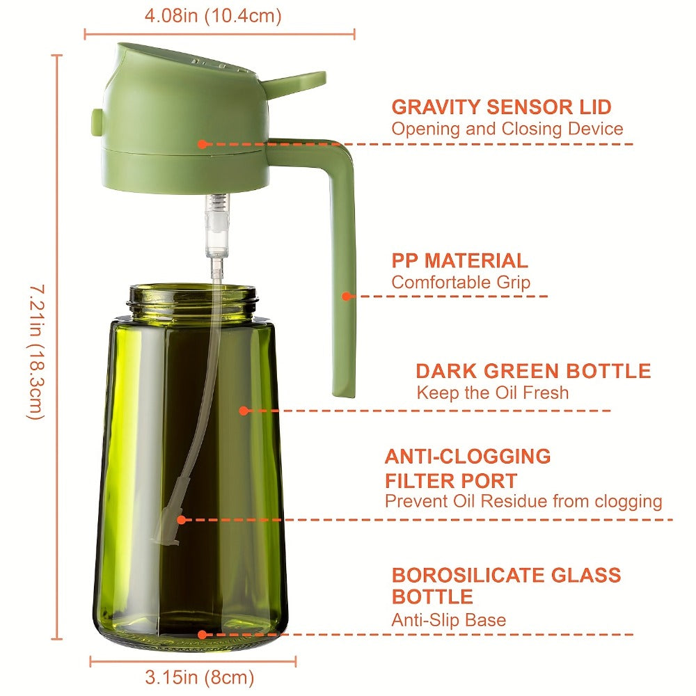 Olive Oil Dispenser Bottle 2-in-1 Glass Oil Sprayer & Dispenser 16oz Kitchen Cooking Oil Bottle with Labels for BBQ, Salad