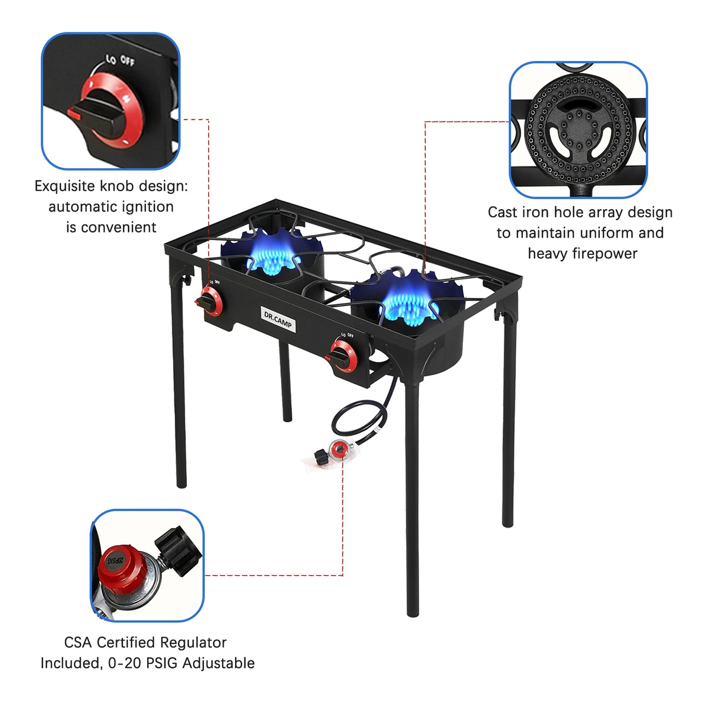 Propane Camping Stove Cast Iron 1, 2 or 3 Burner with Detachable Legs, 20 PSI High-Pressure Regulator