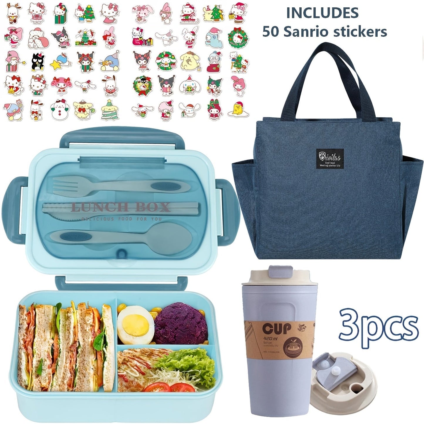 Sanrio Lunch Box Set 53pcs Bento Box with Thermal Bag Breakfast Cup Portable Sealed Compartment Microwave for Work Picnic School