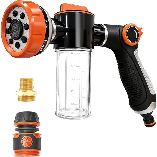 Dog Wash Hose Attachment 8-in-1 Spray Nozzle with 100cc Soap Dispenser – Pet Shower Sprayer for Bathing Dogs, Car Wash & Garden Watering